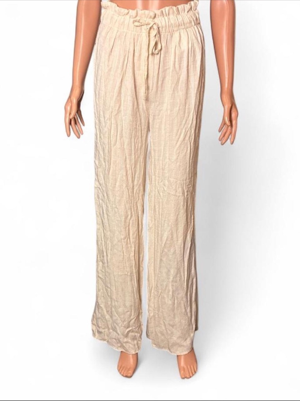 PULL & BEAR- Cream linen pants with vertical ribbed texture- size : S